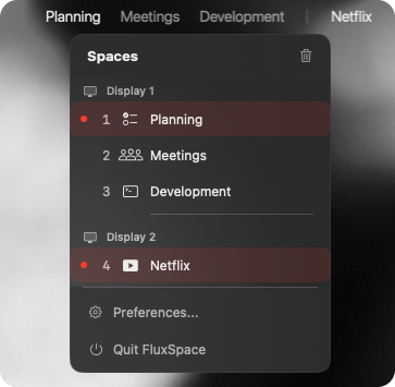 FluxSpaces — macOS-Menüleisten-App für Display-Workspaces
