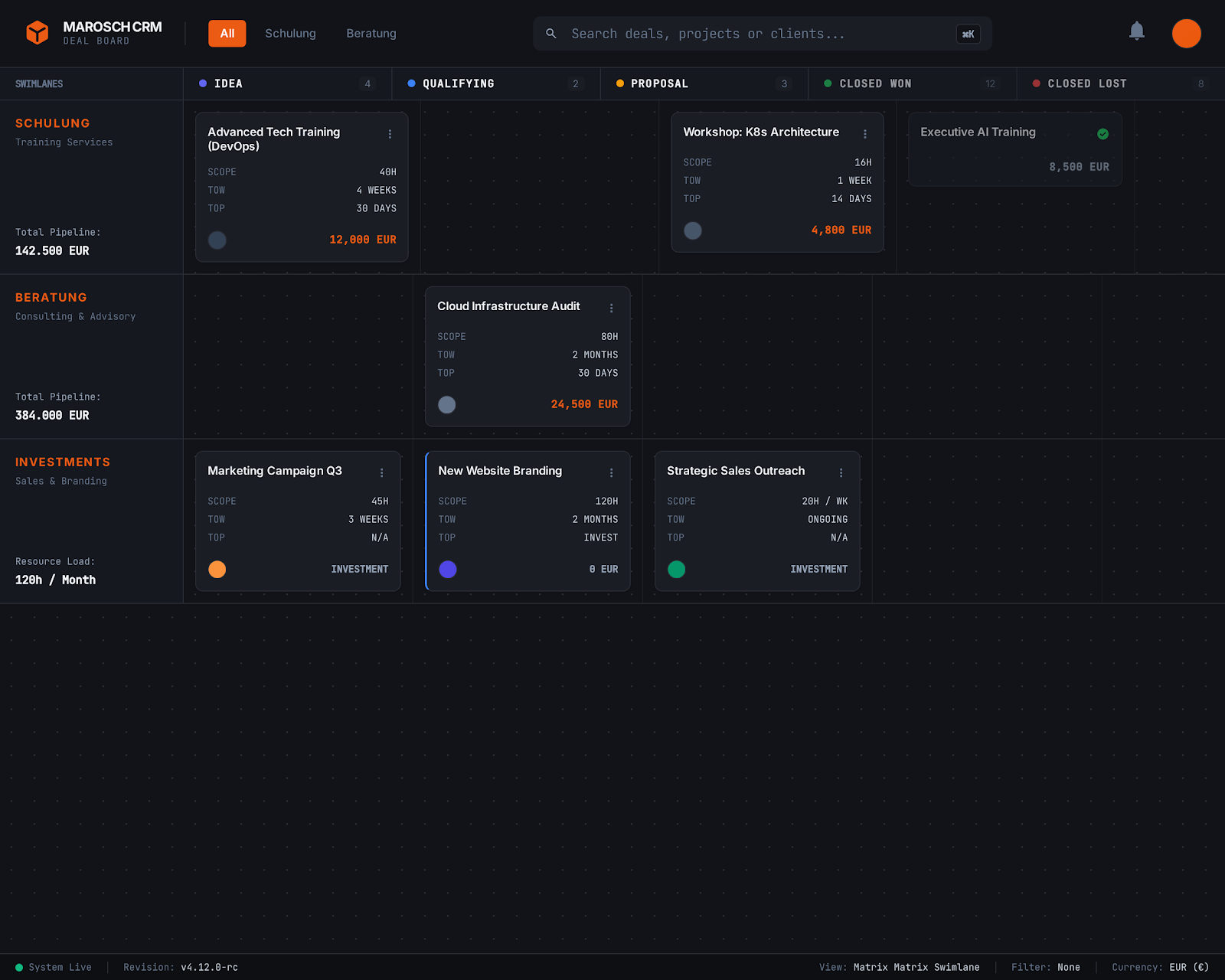 marosch CRM — Pipeline-Cockpit für Beratung, Schulung und eigene Investments